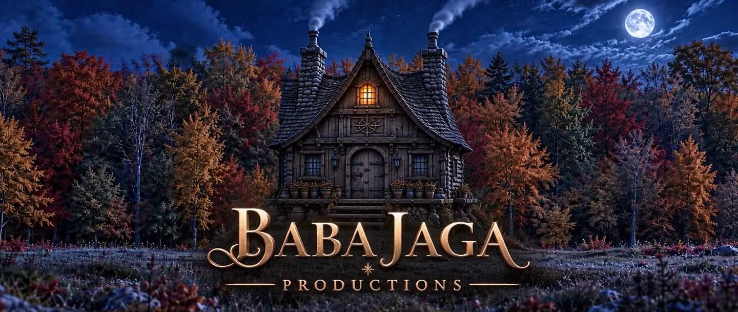 The Baba Jaga Productions cottage glowing beneath a full moon in an autumn forest, with the studio title.