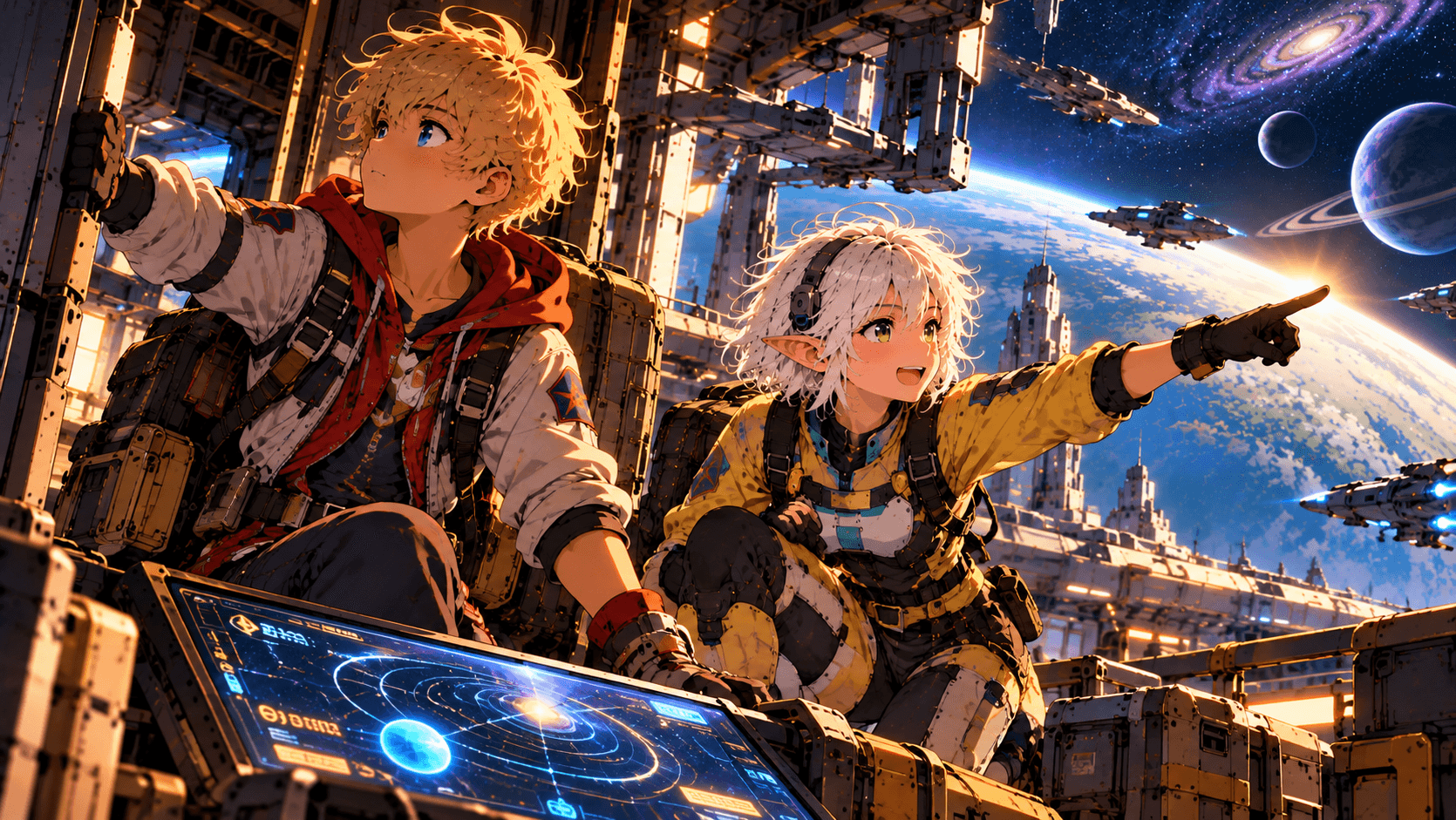 Nico and Maddie, a white-haired elf, crouch beside a holographic star-map console in a space station observation bay as Maddie points toward a planet, ringed worlds, and passing starships.
