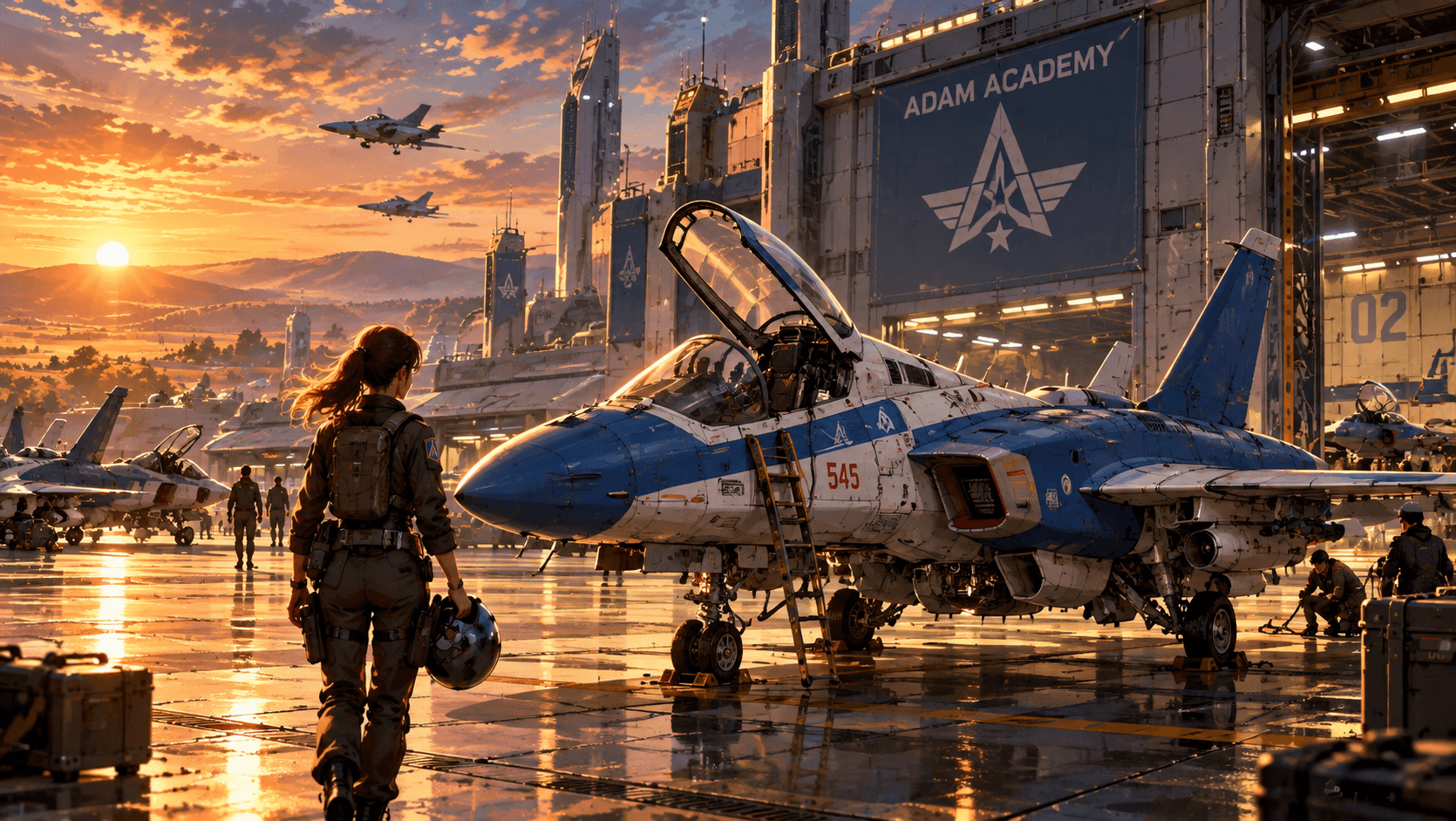 A young pilot carrying her helmet walks toward a blue-and-white jet on a rain-slicked flight line at sunset, beneath an ADAM Academy hangar.