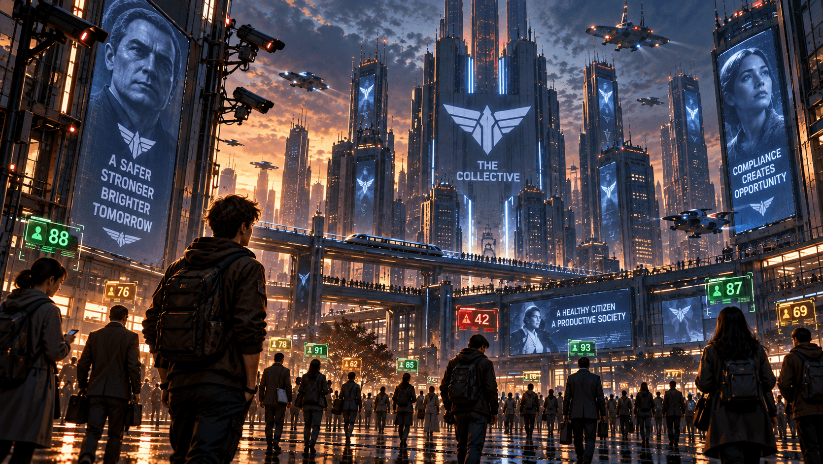 At dusk, a young man with a backpack walks through a crowded plaza beneath the towers of the Collective, surrounded by propaganda screens and glowing citizen scores.