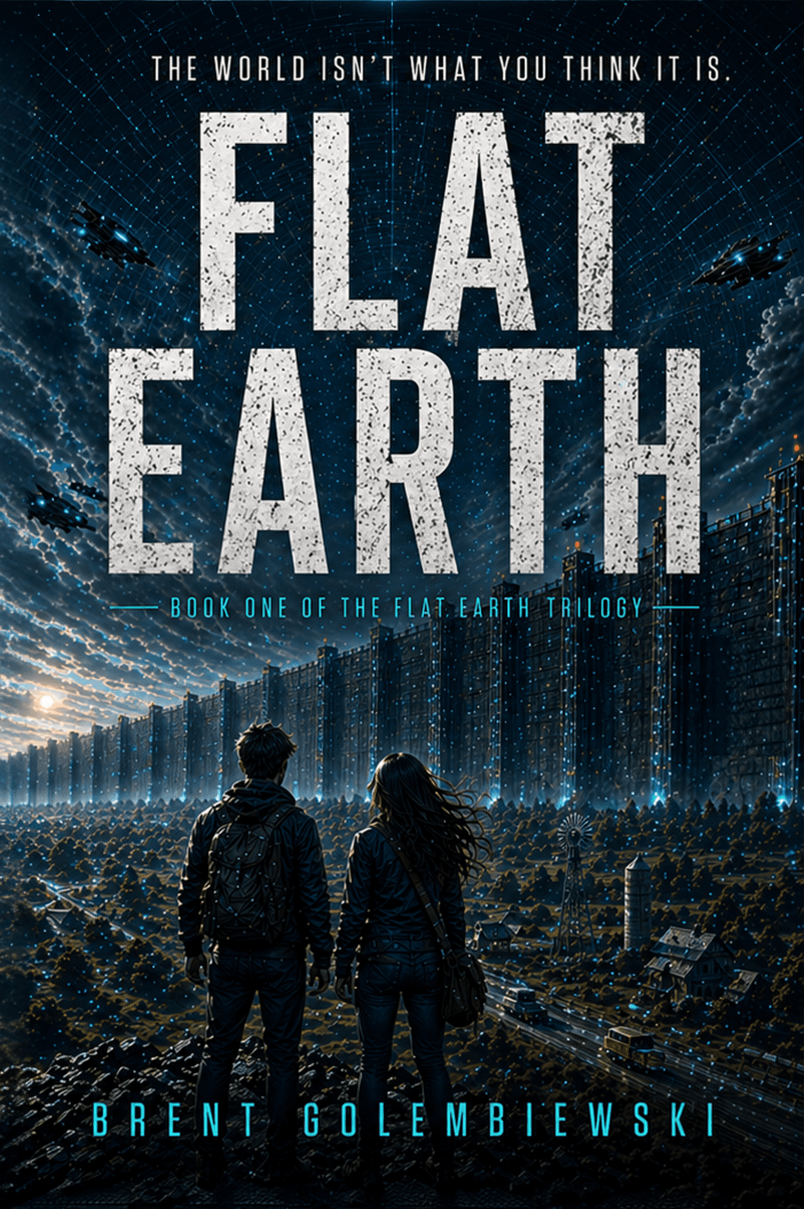 Flat Earth cover: a teenage boy with a backpack and a long-haired girl, seen from behind, look across dark farmland, a windmill, and a silo toward a colossal wall that runs to the horizon beneath a starry, gridded sky and hovering spacecraft.